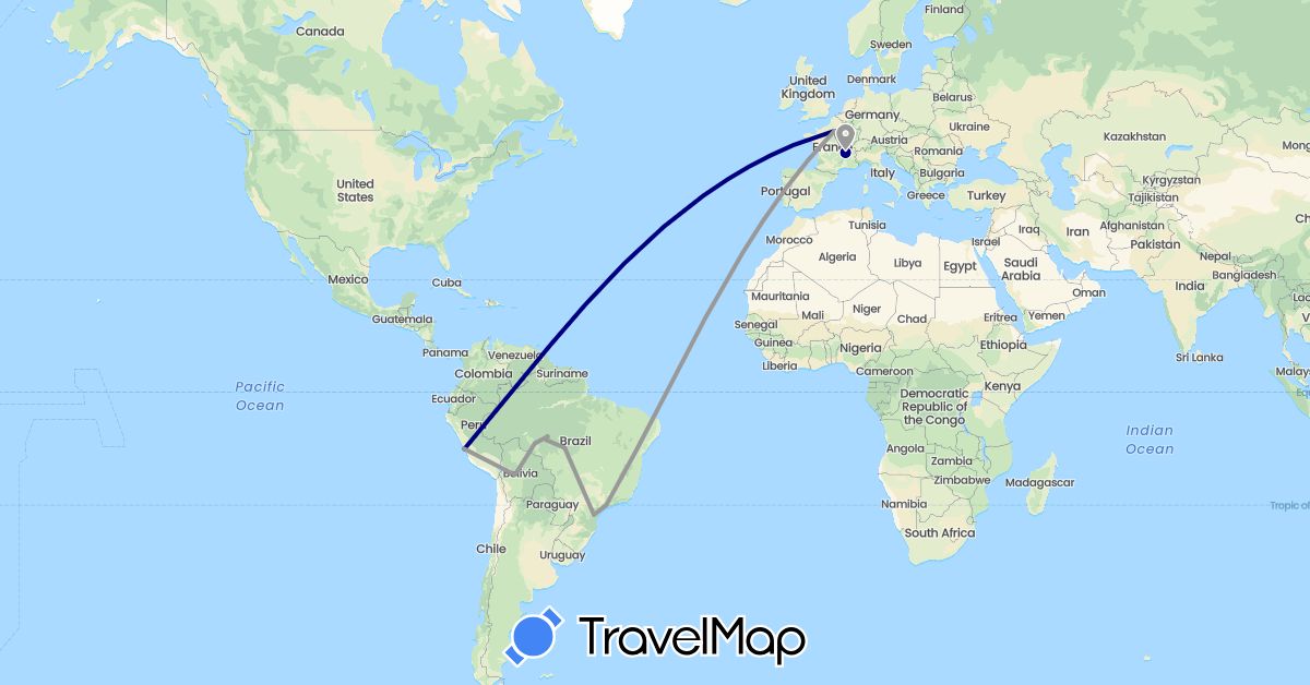 TravelMap itinerary: driving, plane in Bolivia, Brazil, France, Peru (Europe, South America)